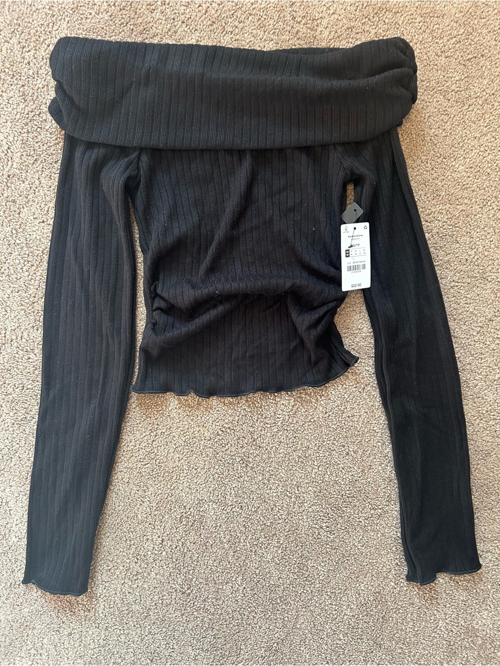 Ardene Black Off-Shoulder Ribbed Long Sleeve Top